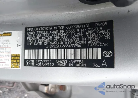2008 Toyota Prius z USA, uszkodzony, nr VIN JTDKB20U383430956